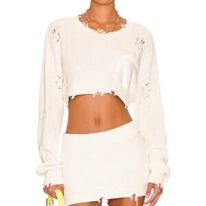 SER.O.YA Devin Cropped Sweater L White Distressed Knit Pullover Edgy Grunge NWT